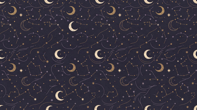Celestial night sky pattern with crescent moons, stars, and constellations on dark background