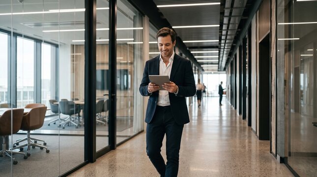Young Smiling Businessman Holding Digital Tablet in Modern Office Corridor