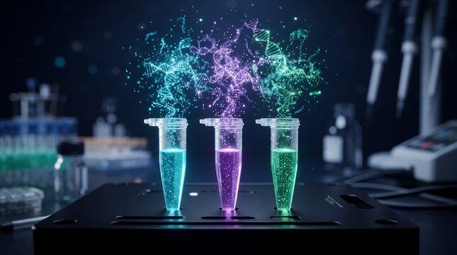 A futuristic capsule containing a glowing plant-like structure is surrounded by molecular and DNA motifs, representing biotech advancements.