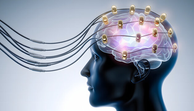 Visualization of Electric Medicine and bioelectronic therapy,depicting the use of precise electrical signals to stimulate neural responses and treat health conditions through neuroscience engineering.