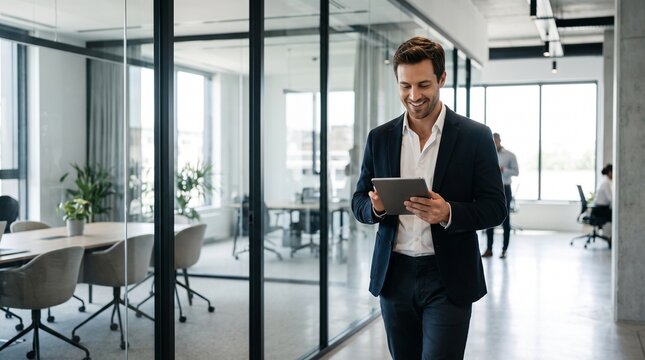 Young Smiling Businessman Holding Digital Tablet in Modern Office Corridor