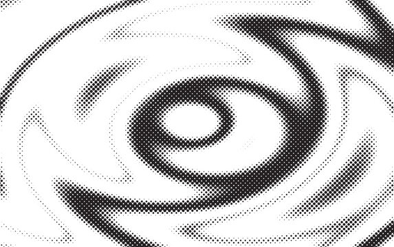 Black and white halftone spiral pattern with concentric circular waves and bold dotted gradients, creating a hypnotic abstract texture for posters, branding, print and modern design.