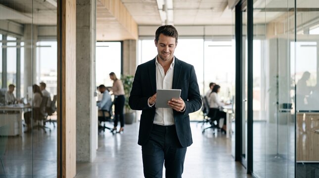 Young Smiling Businessman Holding Digital Tablet in Modern Office Corridor