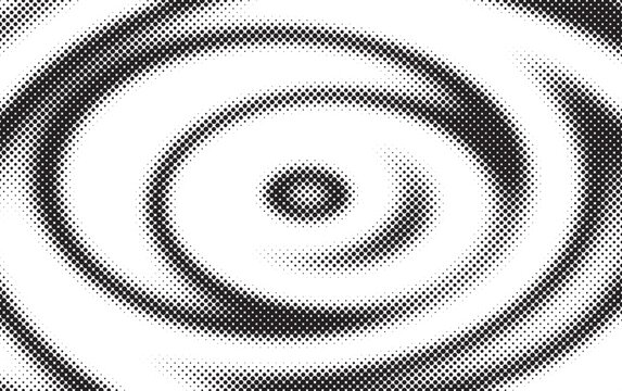 Black and white halftone spiral pattern with concentric circular waves and bold dotted gradients, creating a hypnotic abstract texture for posters, branding, print and modern design.