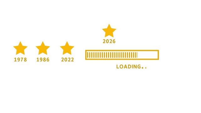nimated Golden Stars Timeline 1978 1986 2022 and 2026 Loading Progress Bar Motion Graphics Isolated on White Background
