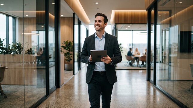 Young Smiling Businessman Holding Digital Tablet in Modern Office Corridor