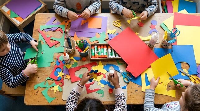 Children working together on colorful paper craft projects at a wooden table