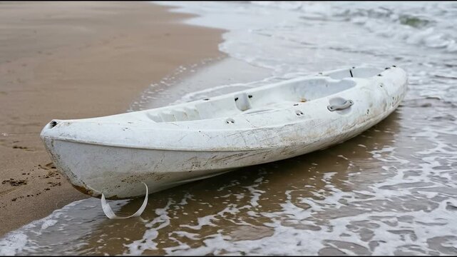 Kayak keel grinding across coarse beach sand as shallow tidewater washes over its curved plastic underside