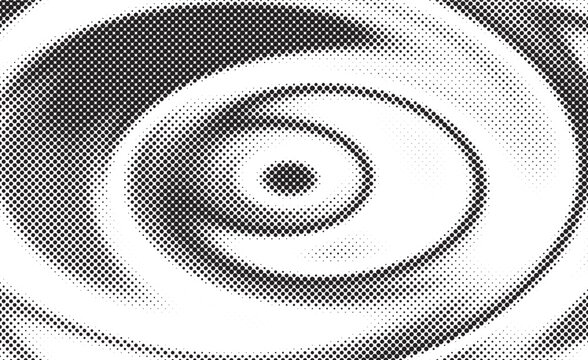 Black and white halftone spiral pattern with concentric circular waves and bold dotted gradients, creating a hypnotic abstract texture for posters, branding, print and modern design.