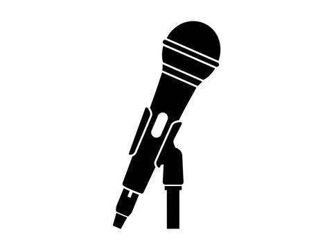 Black microphone on stand vector icon silhouette for audio podcasting and music recording
