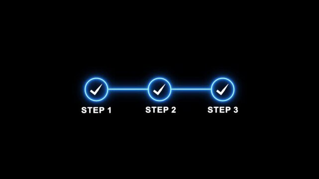 Neon line Step-by-Step Guide with check mark icon. 3 step infographic process, step process success with check marks icon with alpha channel. glowing lines on black background check mark tick