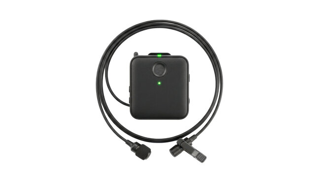 Wireless lavalier microphone system with compact square clip-on transmitter, miniature microphone opening, subtle status light, and discreet portable recording design. Photorealistic, front 3/4 view,