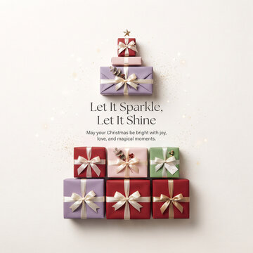 Elegant Christmas Greeting Card with Gift Box Tree in Purple Pink and Green