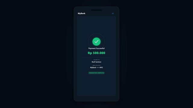 Mobile Banking App Interface Animation Showing Successful Payment Process of 500,000 Rupiah on Smartphone