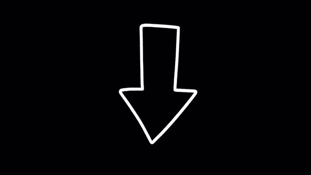 2D Hand Drawn White Outline Down Arrow Animation Frame by Frame Overlay with Transparent Background Alpha Channel