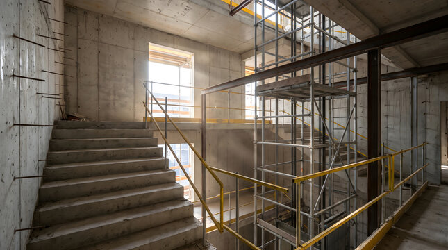 Un immeuble chantier en cours de construction avec des escaliers en beton brut et une cage d ascenseur