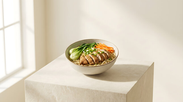 Chifa noodles with sliced chicken and bok choy served in a ceramic bowl on minimalist pedestal table