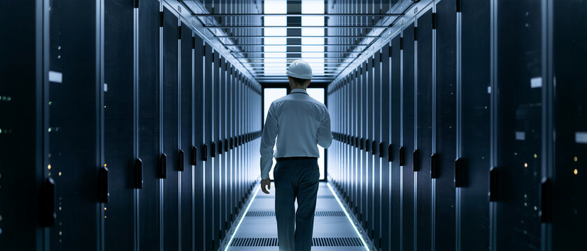Data Center Explorer: A lone technician walks down a futuristic data center aisle, surrounded by rows of servers, highlighting the technological backbone of the digital age in a striking.