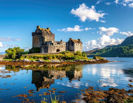 Eilean Donan Castle reflects beautifully in the calm waters on a sunny day.