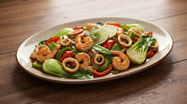 Delicious chifa stir fry seafood dish with shrimp, squid, bok choy, and vegetables on rustic wooden table