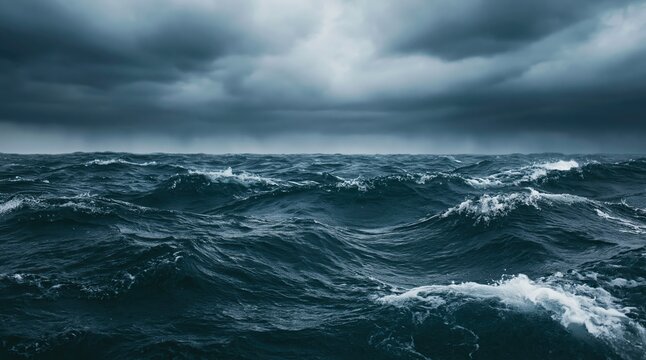 Stormy ocean waves under dark cloudy sky, rough sea seascape background