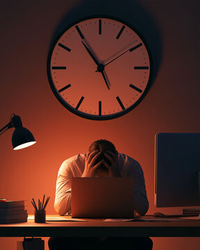 Frustrated Businessman at Desk: A stressed businessman is sitting at his desk in a dimly lit office, his head in his hands, overwhelmed by work and pressure. A clock on the wall shows late hours.