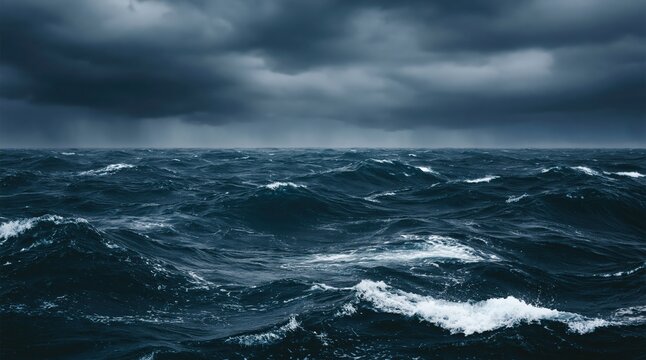 Stormy ocean waves under dark cloudy sky, dramatic seascape background