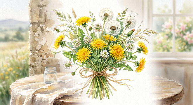 Sunlit Meadow Bouquet of Wild Dandelions White Clover Blossoms and Field Grasses