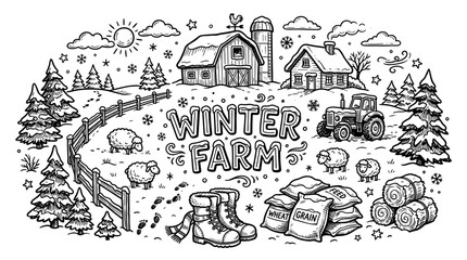 Fototapeta premium Winter Farm Hand-Drawn Illustration