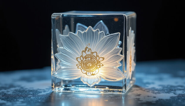 A glass cube displays a sculpted lotus flower with a golden ornamental center. Clear petals form a detailed floral relief inside the transparent block. Lotus symbolism and spiritual decor.