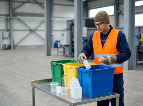 Worker Sorting Recyclable Materials With Recycling Bin