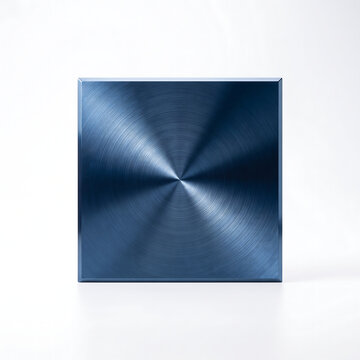 Square blue brushed titanium metal panel with radial light reflection and industrial texture