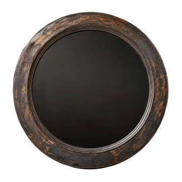 Round antique wooden frame with a distressed dark finish and a plain black center, isolated on a white background