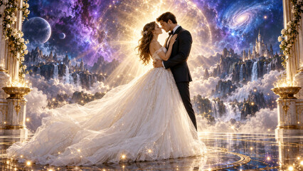 Obraz premium Bride and groom dancing in a glowing cosmic fantasy setting