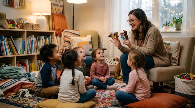 Happy teacher telling stories with finger puppets to preschool children