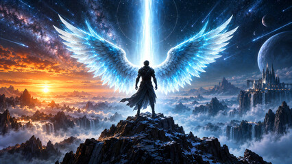 Obraz premium Winged figure standing on a mountain peak in a fantasy landscape