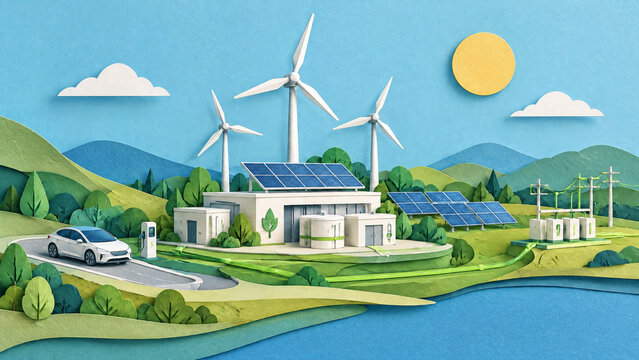 Papercut landscape with renewable energy sources like wind and solar power