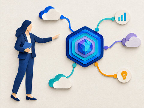 Papercut style businesswoman interacting with a central digital idea network