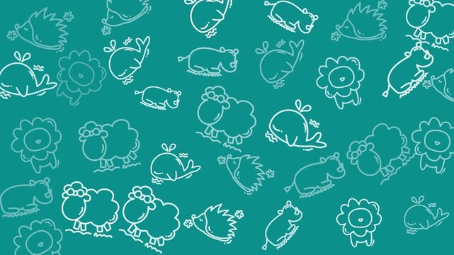 Teal background with white line drawings of animals in a repeating pattern design suitable for textiles, wallpapers, and stationery.