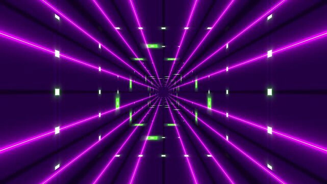 Futuristic neon tunnel with purple laser lines, abstract synthwave background with glowing green light streaks, high-tech digital corridor for music videos