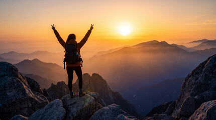 Obraz premium A backpacker standing on a rocky mountain peak with arms raised in victory, enjoying the golden sunrise and scenic panoramic landscape view.