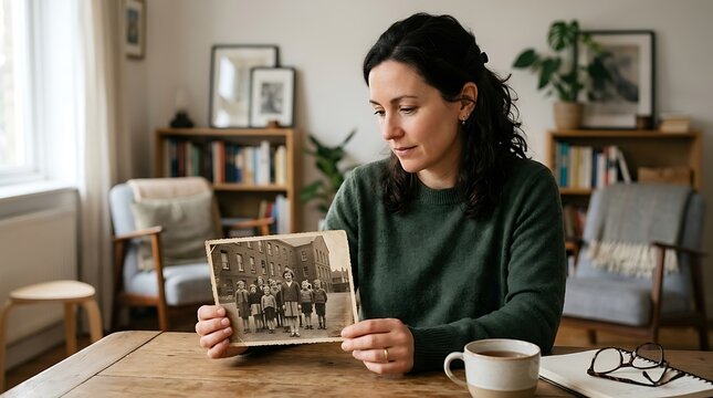 Woman holds vintage black and white photo of school children, reminiscing