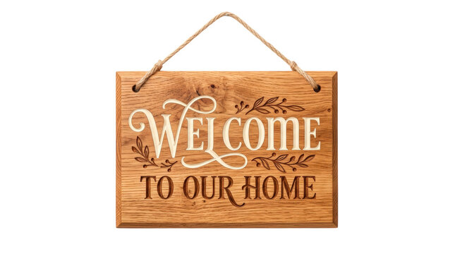 Wooden hanging plaque, decorative hanging plaque crafted from natural wood with visible grain, clean edges, integrated suspension points and warm handcrafted finish. Photorealistic studio product