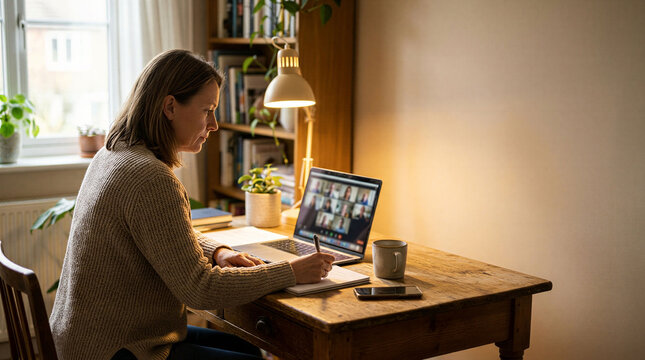 Remote professional attending online video meeting from home office