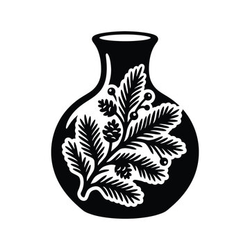 Black ceramic amphora vase with white botanical leaf pattern, decorative flower motif pot, vector icon design for logo and packaging isolated on White Background