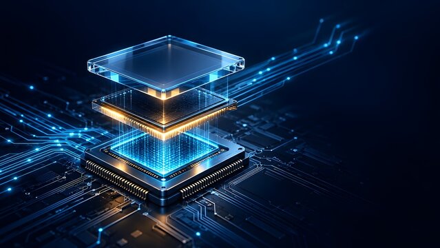 Layered glowing microchip processor representing advanced semiconductor technology quantum computing power and high performance artificial intelligence hardware architecture