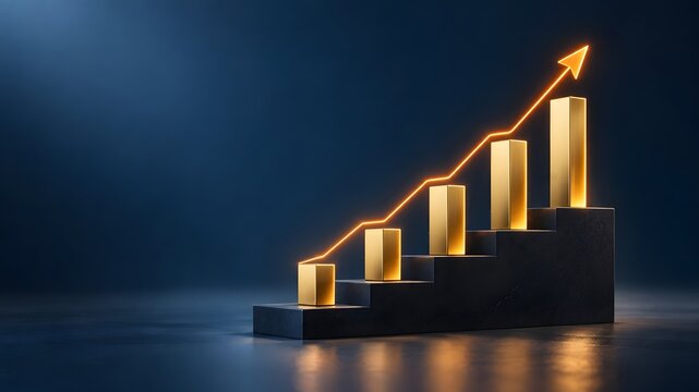 Gold bar graph on dark stepped pedestal with glowing arrow representing step by step business growth career progress and financial milestone achievement