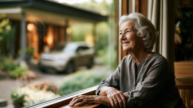 Elegant elderly woman standing beside a large living room window in a warm Scandinavian home.