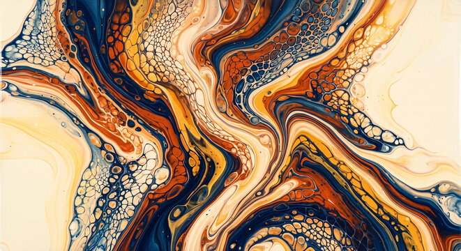 Abstract Fluid Acrylic Dirty Pour Marbling Prussian Blue and Turmeric Background