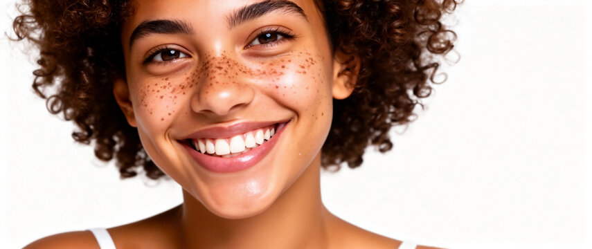 Smiling young woman with freckles on face enjoying fresh clean healthy skin
